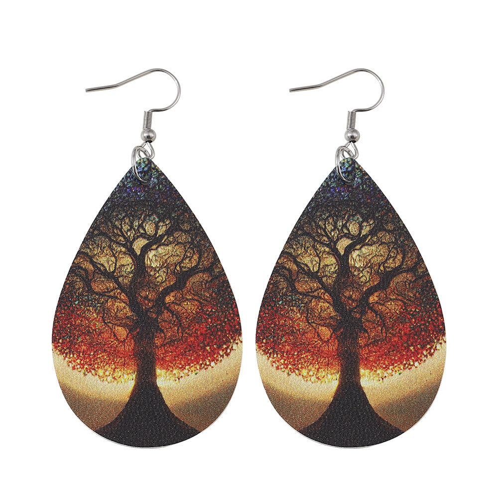 Wholesale Love Tree of Life Water Drop Earrings Double-sided Printed PU Leather Creative Earrings